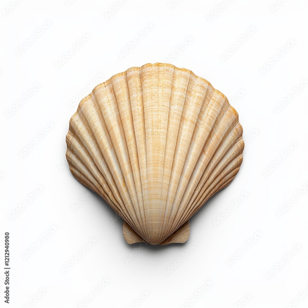 Serene and detailed close-up of a natural scallop shell against a clean white background, showcasing its beautiful texture and patterns Serene and detailed close-up of a natural scallop shell against a clean white background, showcasing its beautiful texture and patterns