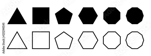 Set of basic geometric figures. Triangle, square, pentagon and hexagon,octagon and decagon shapes isolated on white background. Vector graphic illustration.