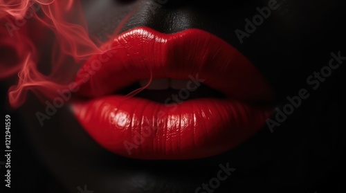 macro photo of red lips with smoke of any color coming out on a black background
