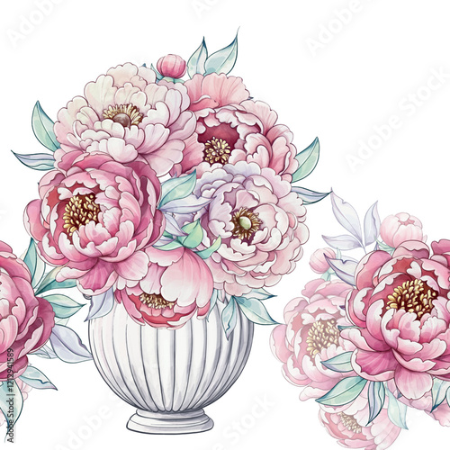 A beautiful arrangement of soft pink peonies in a classic vase showcases the delicate artistry of watercolor floral elegance seamless pattern, ornament