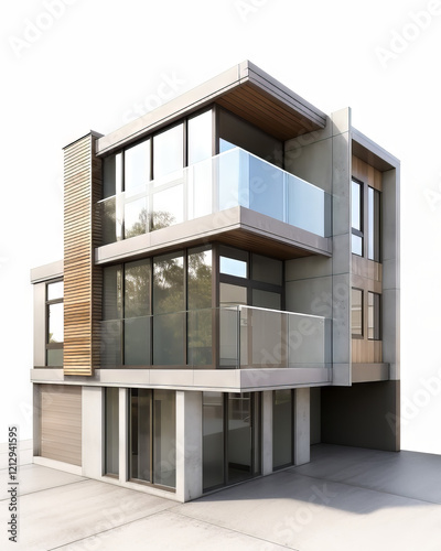 A contemporary duplex with clean lines, large windows, and separate entrances for each unit