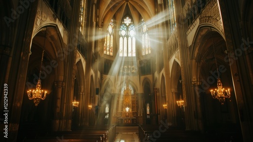 Wide view of a historic church interior with wooden pews and intricate architecture. Perfect for visuals related to faith  tradition  and spiritual ceremonies.