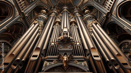 Close-up of ornate organ pipe design. Rich textures and patterns emphasize traditional artistry, ideal for cultural heritage and craftsmanship concepts. photo