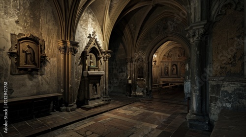 Quiet niche in a historic cathedral filled with sunlight and shadows. Gothic details and serene ambiance make it perfect for religious and architectural concepts.