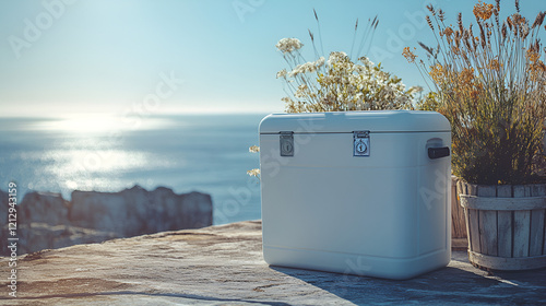Minimalist cooler box isolated against a flat outdoor background