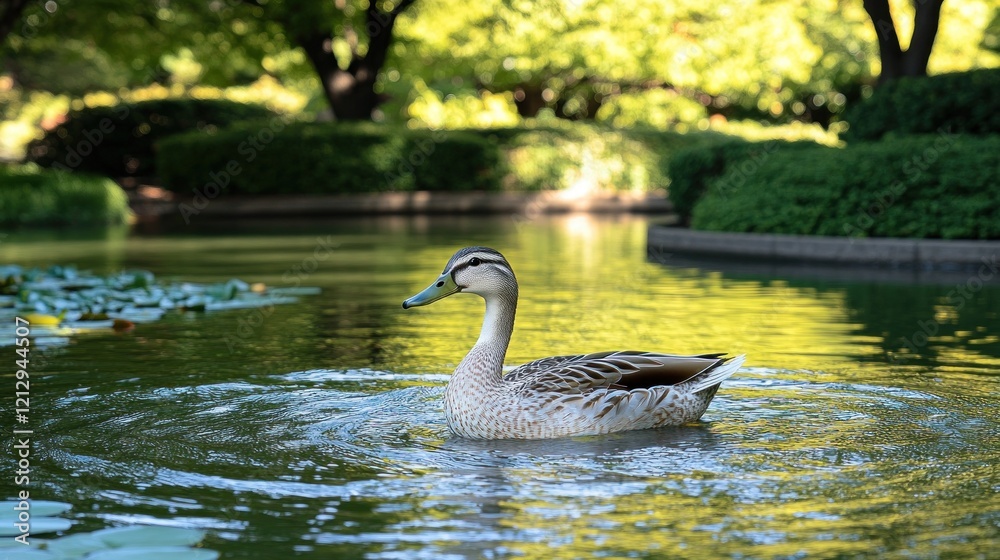 Duck swimming park pond, garden background Duck swimming park pond, garden background