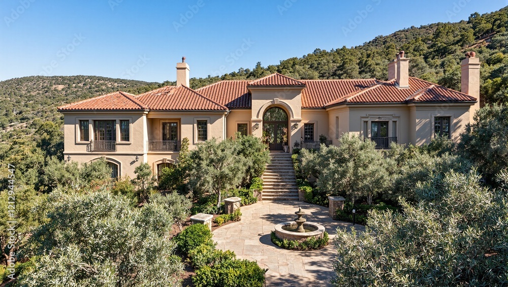 Fototapeta premium Luxurious Mediterranean villa with terracotta roof tiles arched windows and olive trees