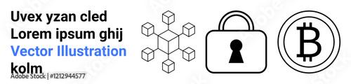 Cubes representing blockchain technology, padlock with keyhole for security, cryptocurrency Bitcoin symbol, and placeholder text. Ideal for fintech, cybersecurity, digital currency, data encryption