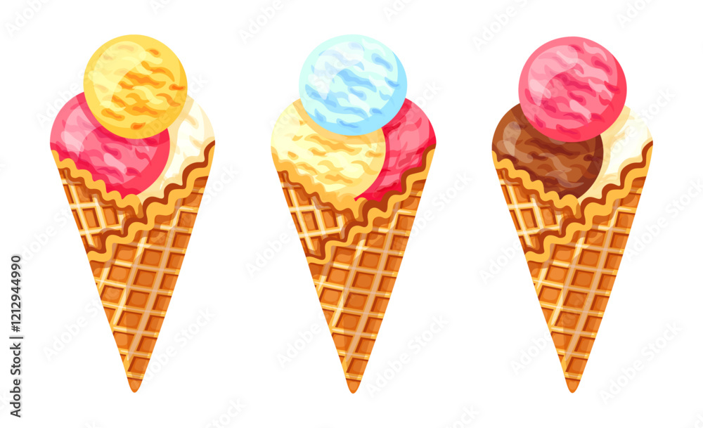 Set of delicious ice cream in cartoon style. Vector illustration of sweet ice cream in waffle cones, colored balls isolated on white background. Ice cream with different flavors. Refreshing dessert.