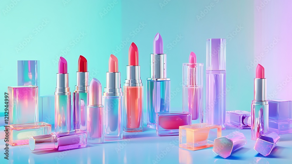 A vibrant display of lipsticks and nail polishes on a pastel mint and lavender gradient background