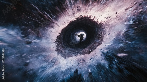 Person with a camera drilling down into a hole of snow or ice with motion blur