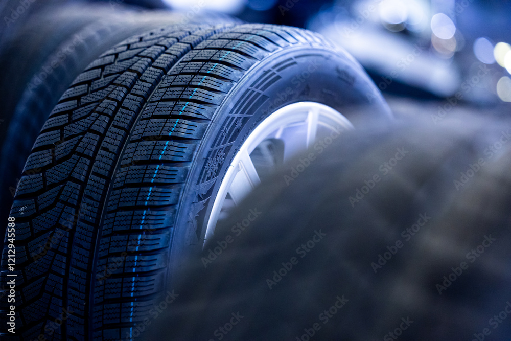 Close-up of winter tires with detailed tread pattern, highlighting durability and grip. Perfect for the automotive, transportation, and tire manufacturing industries. Selective focus.