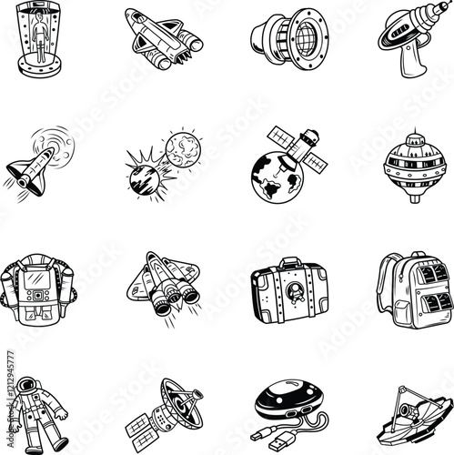 Set of Hand Drawn Space Exploration Icons 

