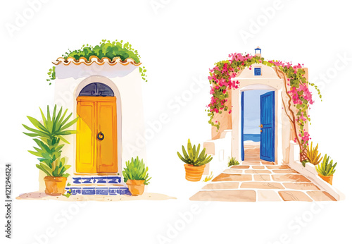 Watercolor wooden door entwined with flowers. Cute image suitable for cards, invitations, weddings, fabric making cozy door with flowers on white background