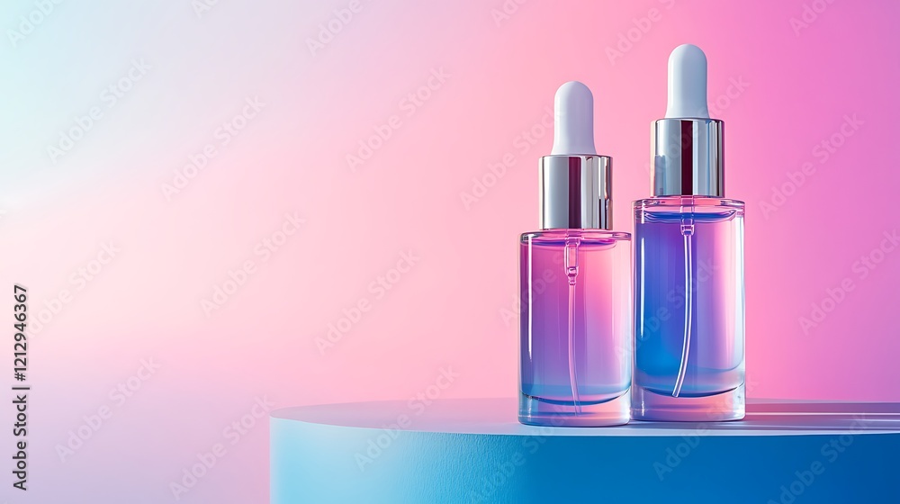 Skincare bottles styled artistically on a pastel sky blue and lilac backdrop Skincare bottles styled artistically on a pastel sky blue and lilac backdrop