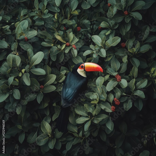 A photograph of a toucan perched on a branch, its colorful beak contrasting against the green leaves.  photo