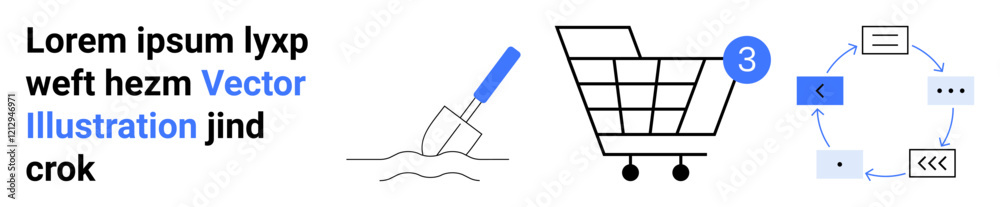 Shopping cart with 3 items, workflow process diagram, editing text with blue highlights, and a trowel. Ideal for e-commerce, productivity, shopping, process flow, text editing, construction, digital Shopping cart with 3 items, workflow process diagram, editing text with blue highlights, and a trowel. Ideal for e-commerce, productivity, shopping, process flow, text editing, construction, digital
