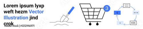 Shopping cart with 3 items, workflow process diagram, editing text with blue highlights, and a trowel. Ideal for e-commerce, productivity, shopping, process flow, text editing, construction, digital
