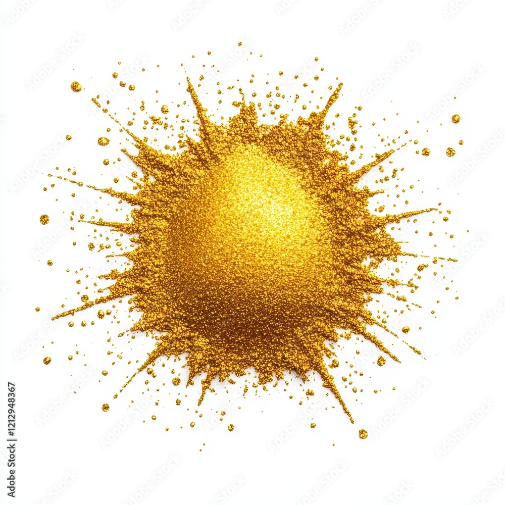An explosion of golden glitter creates a dazzling effect on a white background, perfect for festive and celebratory themes. An explosion of golden glitter creates a dazzling effect on a white background, perfect for festive and celebratory themes.
