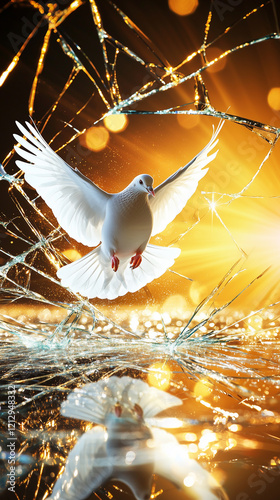 White dove in the sunset light. Close-up. The concept of freedom and peace.

