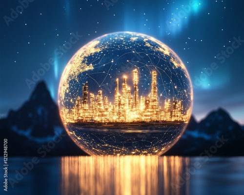 double exposure of a globe with faint oil pipeline maps blending into an image of an oil refinery under the northern lights