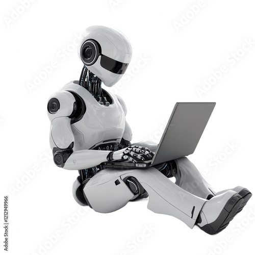 White Robot Using Laptop Computer, PNG Background