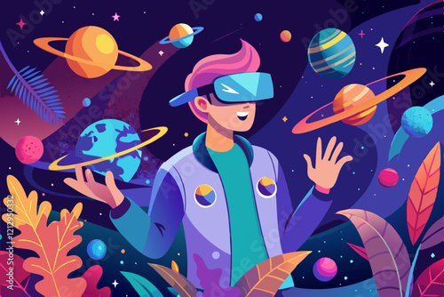Illustration of a man using a virtual reality headset, exploring outer space in a colorful and imaginative digital environment with planets and foliage.