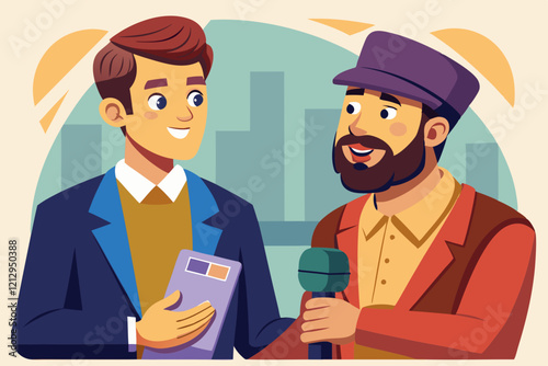 Illustration of a journalist interviewing a man.