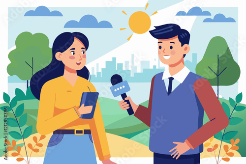 Illustration of a female  journalist interviewing a man outdoor 