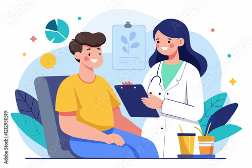 Illustration of a pharmacist providing a consultation to a smiling patient about medication, emphasizing healthcare and wellness in a modern, friendly setting. 