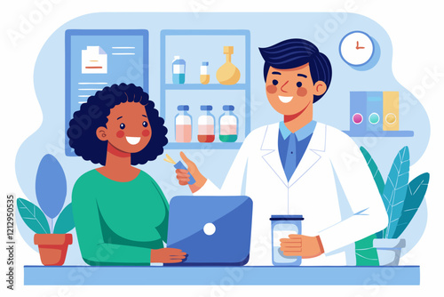 Illustration of a pharmacist providing a consultation to a smiling patient about medication, emphasizing healthcare and wellness in a modern, friendly setting. 