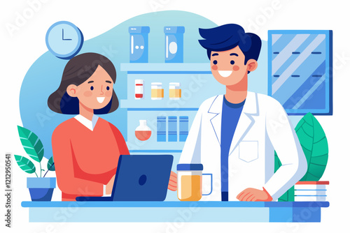 Illustration of a pharmacist providing a consultation to a smiling patient about medication, emphasizing healthcare and wellness in a modern, friendly setting. 