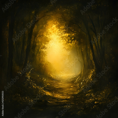 A golden hour illuminating a dark forest, symbolizing hope and guidance through adversity
