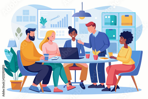 Illustration of a diverse business team discussing ideas during a meeting at an office table. Colleagues collaborating and working together 