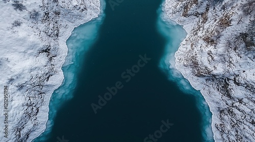 Frozen lake aerial view, icy shores, snowy mountains, winter landscape background.