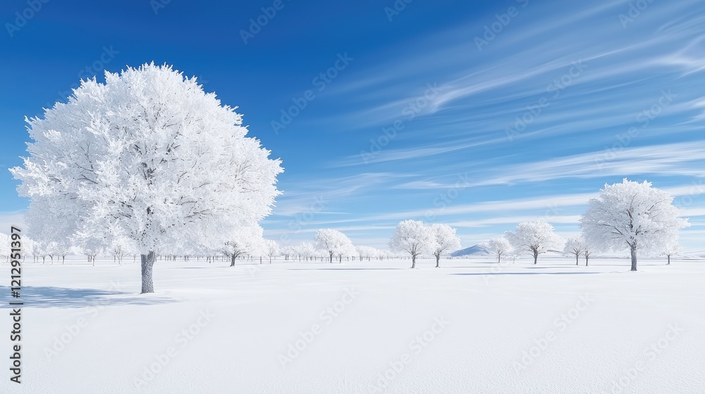 Fototapeta premium Snow-covered trees stand in a vast winter field under a bright blue sky with wispy clouds.