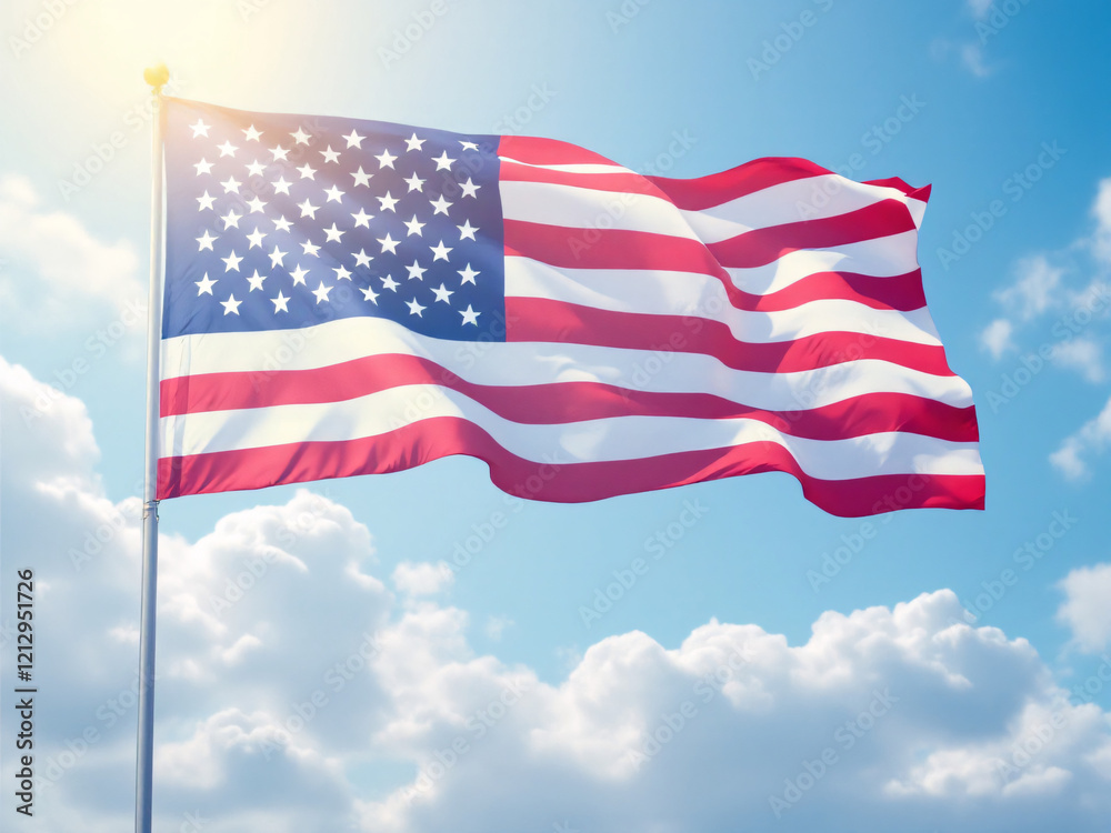 American flag waving against a colorful sky, symbolizing patriotism and national pride. American flag waving against a colorful sky, symbolizing patriotism and national pride.