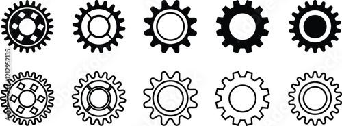 Gear icons set. Parameter or setting symbol. Isolated vector for apps or website on transparent background cog wheel, engine circle, flat and line symbol