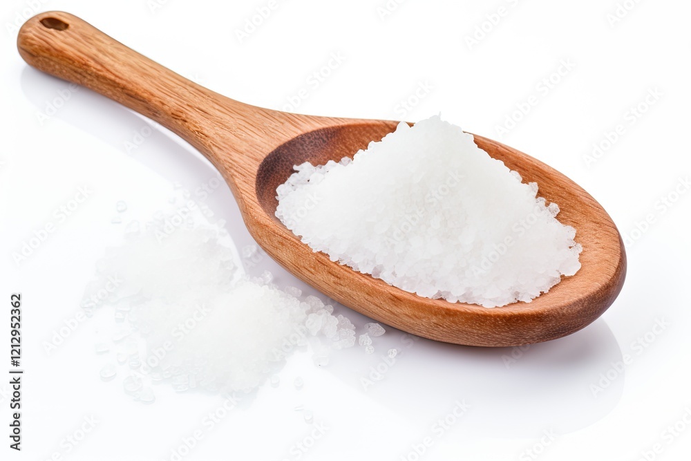 Isolated white background with wooden spoon and sea salt Isolated white background with wooden spoon and sea salt
