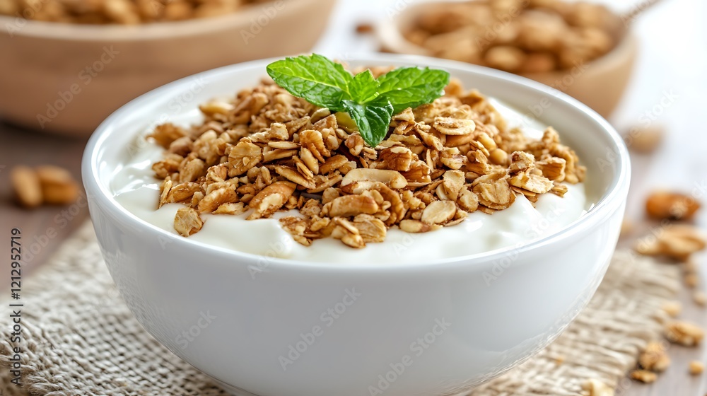Granola topped yogurt in a white bowl with mint Granola topped yogurt in a white bowl with mint