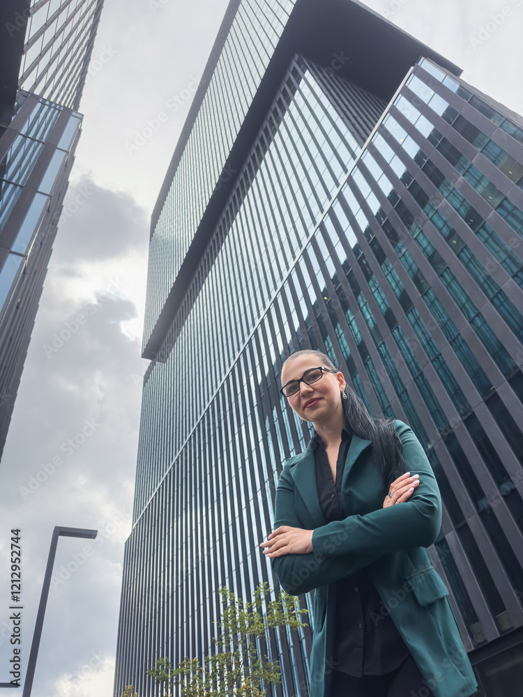 Portrait of a young beautiful woman in suit standing outside near glass office center Portrait of a young beautiful woman in suit standing outside near glass office center