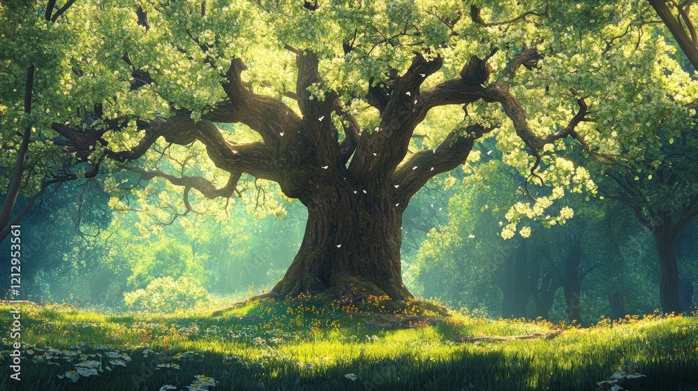 Fototapeta premium Majestic Oak Tree with Fresh Leaves in Bright Sunlight