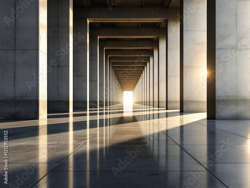 Modern architecture with repeating columns and light.