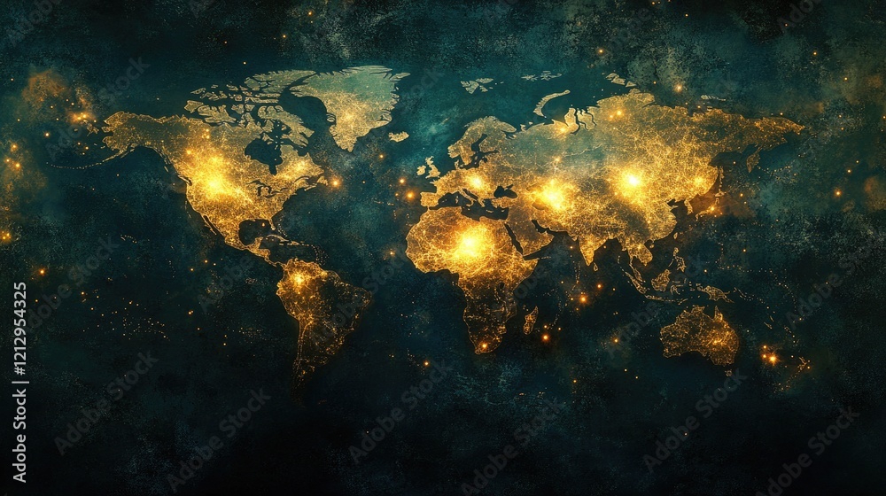 Obraz premium World map with glowing cities on a dark cosmic background with stars and nebula