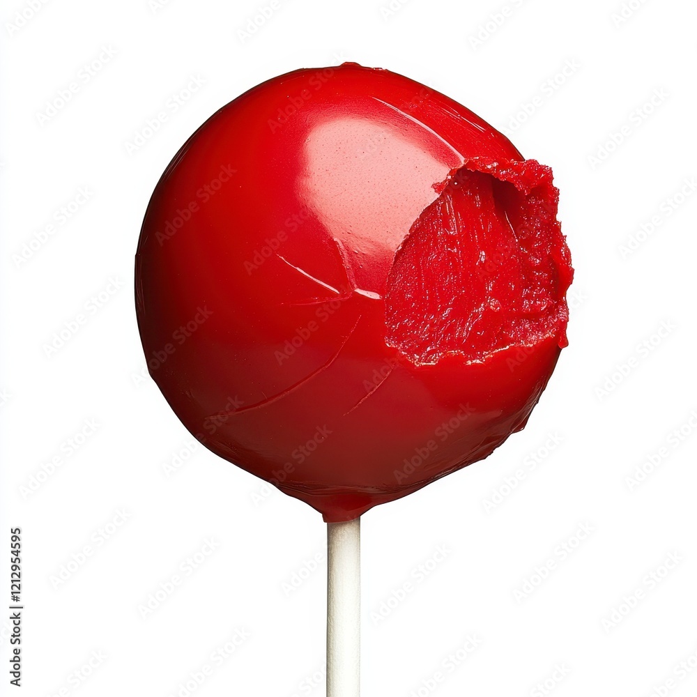 A vibrant red lollipop with a single bite taken out, showcasing its smooth surface and glossy finish against a clean backdrop A vibrant red lollipop with a single bite taken out, showcasing its smooth surface and glossy finish against a clean backdrop