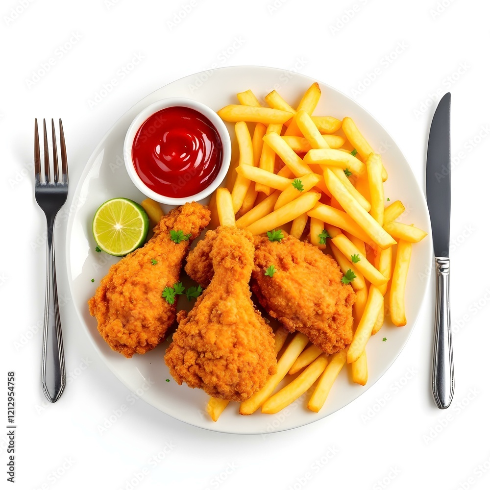 A plate of crispy fried chicken with french fries and ketchup white background on plate A plate of crispy fried chicken with french fries and ketchup white background on plate