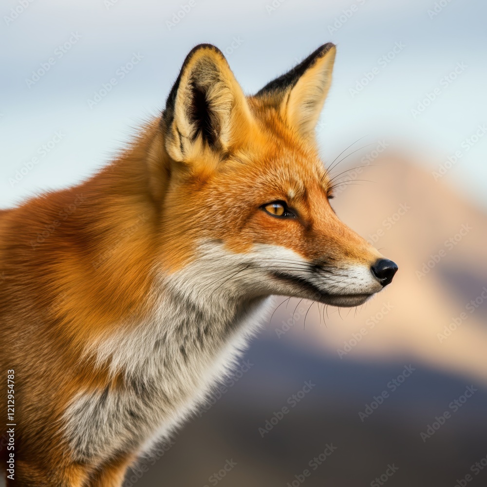 Fototapeta premium Portrait of a red fox, side profile, sharp focus, detailed fur texture, alert expression, pointed ears, vibrant orange and white coloration, natural lighting, blurred background, wildlife photography,