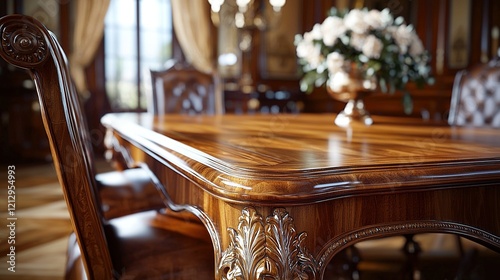 Luxurious wooden dining table, ornate detail, elegant room, floral centerpiece, home decor. photo