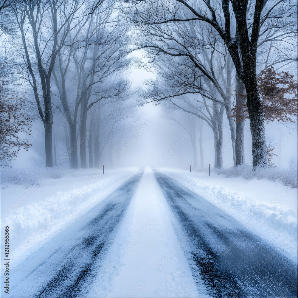 A narrow road in the midst of a snowstorm with heavy snow accumulating on the ground and a blanket of fog drifting through the trees ultra HD