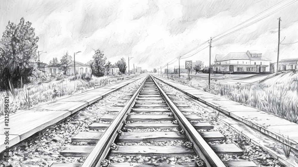 A beautifully detailed black-and-white sketch of railway tracks cutting through a quiet rural setting. A beautifully detailed black-and-white sketch of railway tracks cutting through a quiet rural setting.